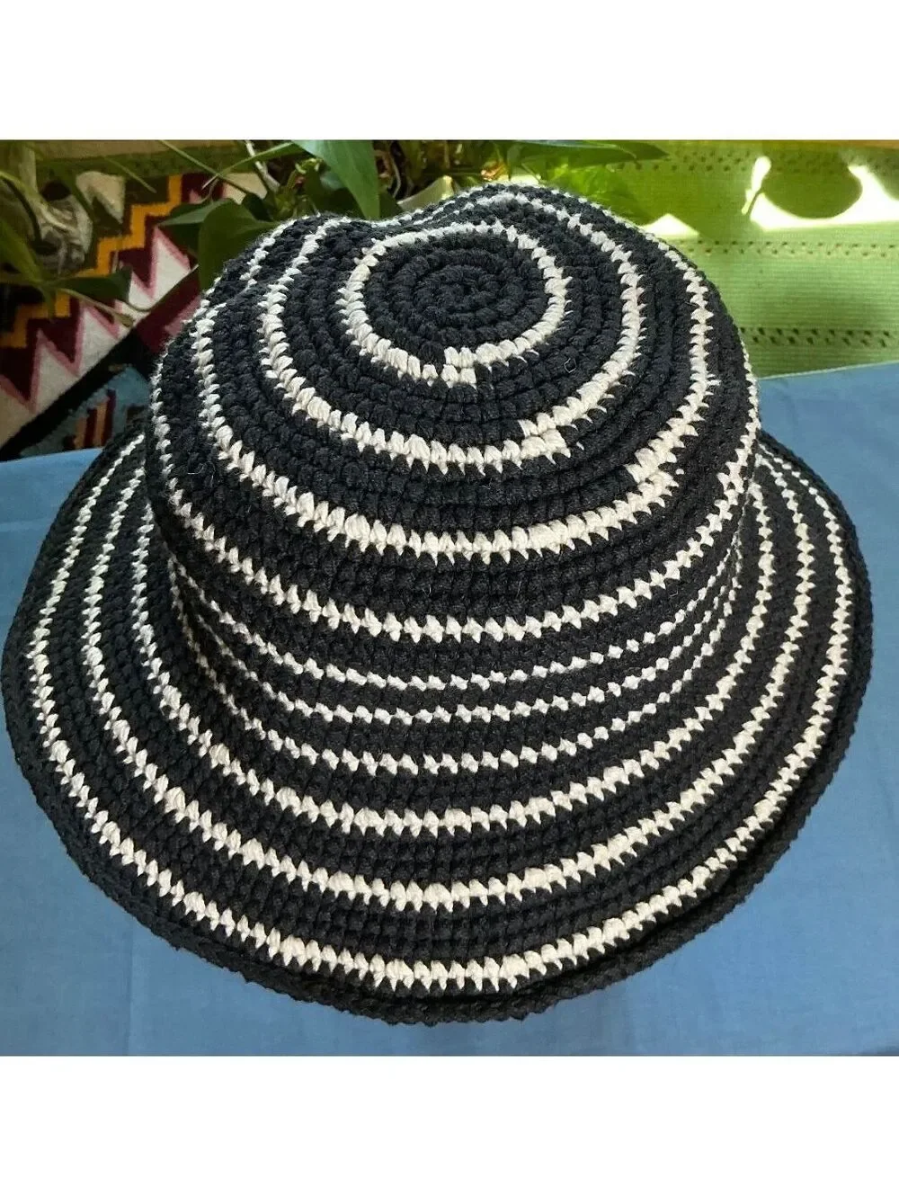 Crocheted Cotton Bucket Hat Black and White Striped 90's Sun Hat
